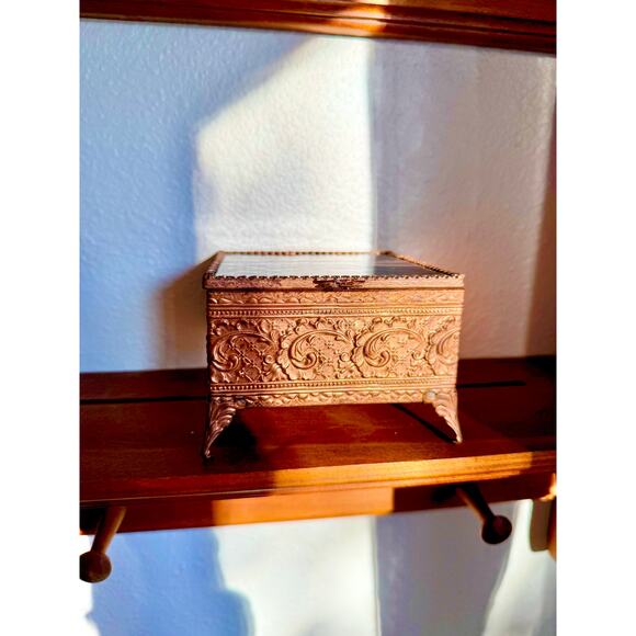 Antique Victorian Ornate Copper and Cobalt Stained Glass Jewelry Box - Picture 2 of 5